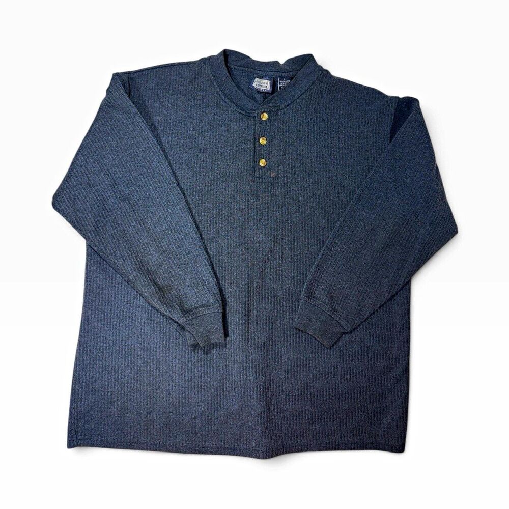 Vintage Premier Mens Gray Solid Knit Long Sleeve Henley Button Placket T-Shirt L